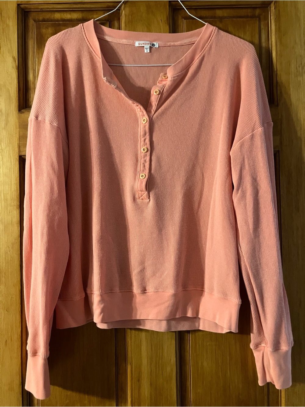 Sundry Washed Coral Waffle Henley Long Sleeve Top